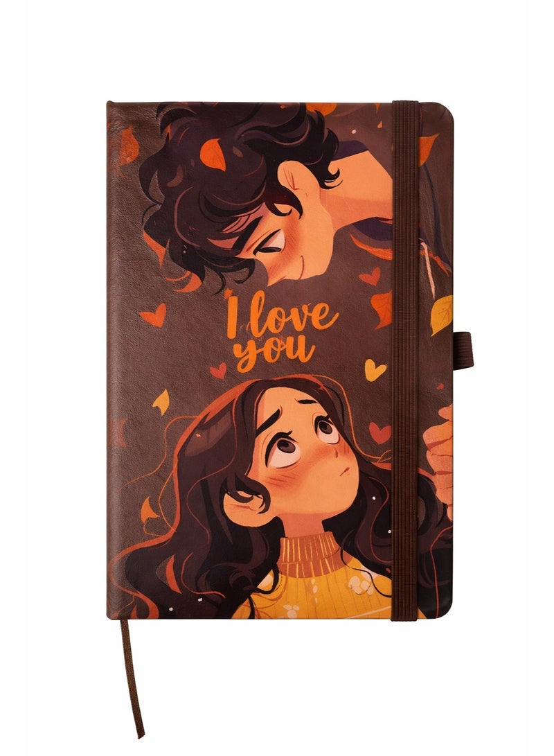 ميلز دفتر ملاحظات بغلاف مقوى مزين برسومات رومانسية لخريف زوجين، مزود بشريط مطاطي، مقاس A5، بني اللون - Image 1